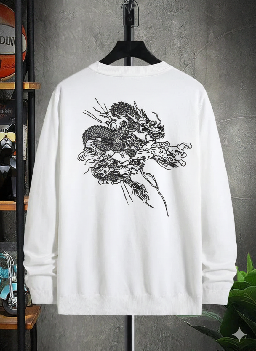 White Japanese Dragon Print Sweatshirt – Streetwear Graphic Pullover