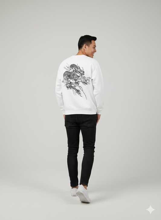White Japanese Dragon Print Sweatshirt – Streetwear Graphic Pullover