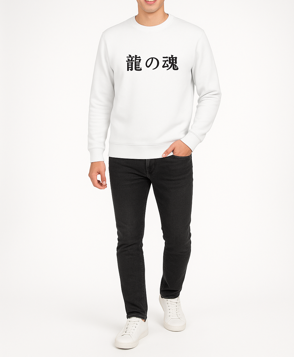 White Japanese Dragon Print Sweatshirt – Streetwear Graphic Pullover