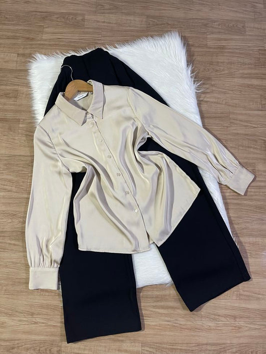 Chic White Cotton Button-Down Shirt & Trendy Black Wide-Leg Denim Jeans Outfit